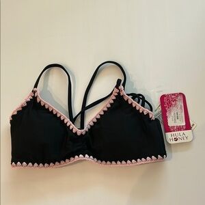 Hula Honey black pink embroidered edge bikini swim top size medium NWT